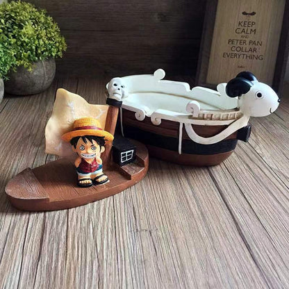 One Piece Going Merry Pirate Ship Figurine, Luffy Mini Figure with Going Merry Boat Model, Anime Collectible Statue, Desktop Decoration Ornament Gift for One Piece Fans