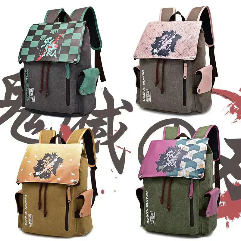 Demon Slayer Anime Flap Drawstring Backpack, Tanjiro Nezuko Zenitsu Inosuke Printed Rucksack, Large Capacity Canvas School Bookbag, Casual Travel Daypack, Anime Fan Gift Backpack