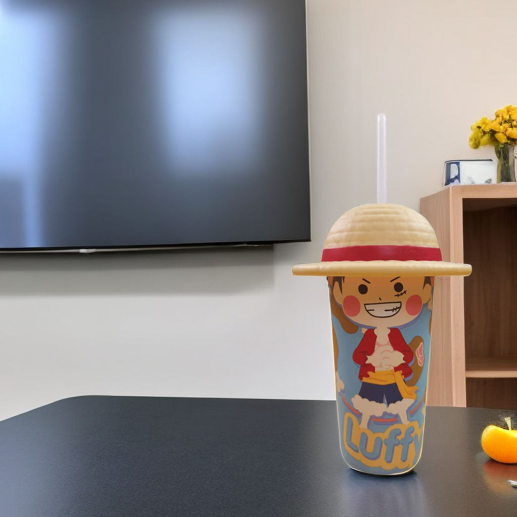 One Piece Anime Straw Tumbler, Luffy Straw Hat & Chopper Horn 3D Sculpted Lid Plastic Water Cup with Straw, Cute Anime Character Drinking Cup, Fan Collectible Cup for Beverage
