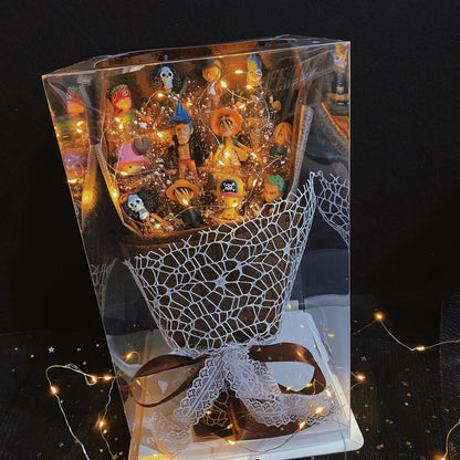 One Piece Figure Bouquet, Anime Luffy Zoro Sanji Chopper Figurine Bouquet with LED Fairy Lights, Artificial Rose Flower Gift Box, Birthday Valentine Anniversary Gift for Anime Fans