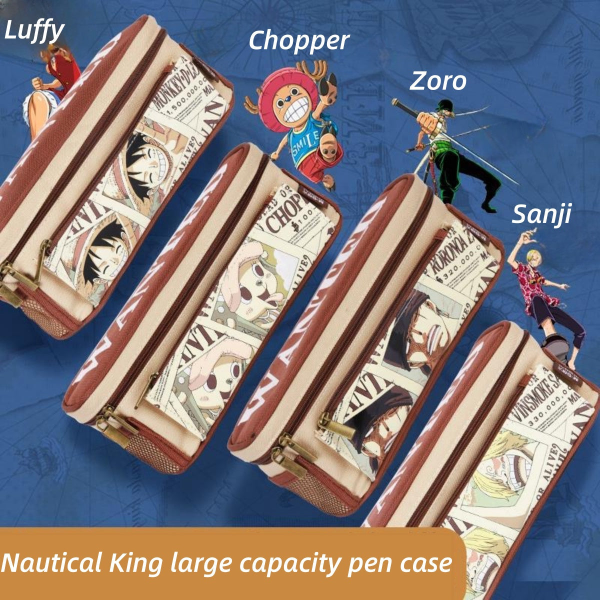 One Piece Anime Pencil Case, Luffy Zoro Sanji Chopper Wanted Poster Large Capacity Pen Bag, Multi-layer Canvas Stationery Storage Pouch, Anime School Supplies Gift for One Piece Fans
