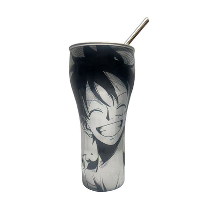 One Piece Anime Tumbler with Straw, Stainless Steel Insulated Travel Cup, Luffy Zoro Nami Wanted Poster Design Coffee Mug, Leak Proof Reusable Water Bottle, One Piece Merch Gift for Anime Fans