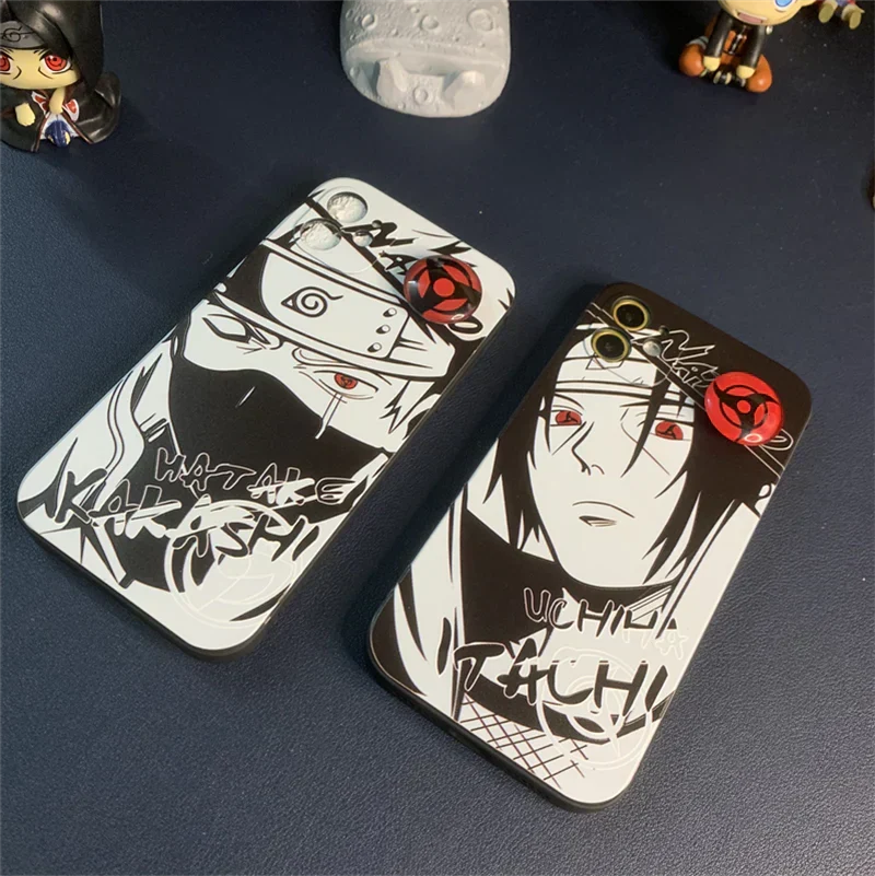 Naruto Anime Phone Case, Itachi Kakashi Black White Manga Print Case with Sharingan Pop Socket, Shockproof Soft TPU Protective Cover, Naruto Fan Phone Case Gift