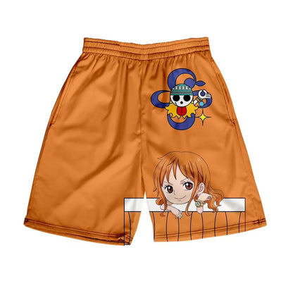 One Piece Anime Shorts, Luffy Zoro Sanji Chopper Printed Casual Beach Shorts, Elastic Waist Loose Short Pants, One Piece Merch Summer Swim Trunks for Men Anime Fans