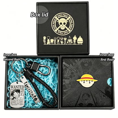 One Piece Monkey D Luffy Roronoa Zoro Portgas D Ace Trafalgar Law Gift Set, Anime Wanted Poster Keychain with Enamel Pin Brooch Collectible Box for Anime Fans