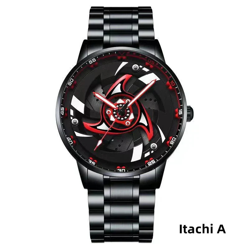 Naruto Sharingan Anime Watch for Men, Uchiha Sasuke Madara Rotating Sharingan Dial Wrist Watch, Stainless Steel Band Quartz Watch, Anime Cosplay Accessory, Collectible Gift for Naruto Fans