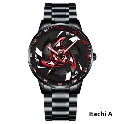 Naruto Sharingan Anime Watch for Men, Uchiha Sasuke Madara Rotating Sharingan Dial Wrist Watch, Stainless Steel Band Quartz Watch, Anime Cosplay Accessory, Collectible Gift for Naruto Fans