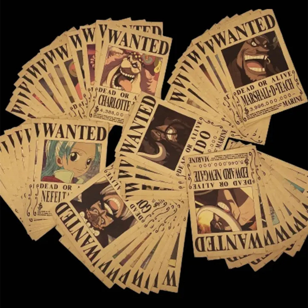 One Piece Wanted Poster Collection Book, Anime Bounty Wanted Posters Album, Vintage Kraft Paper Wanted Cards with Storage Book, Collectible Bounty Poster Set Gift for One Piece Fans