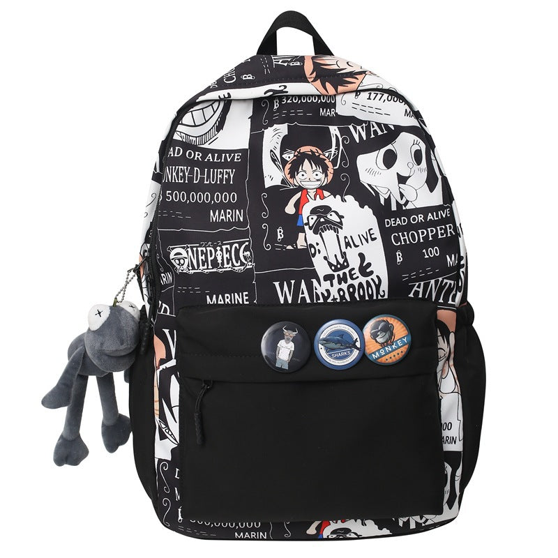 One Piece Anime Newspaper Print Backpack, Luffy Comic Collage School Bag with Plush Pendant, Large Capacity Casual Daypack, Multiple Pockets Lightweight Laptop Backpack for Teens Students Outdoor Travel