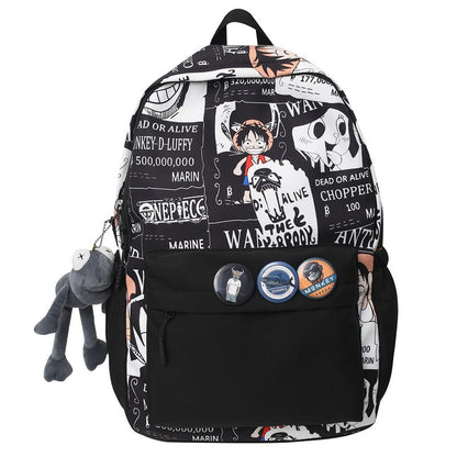 One Piece Anime Newspaper Print Backpack, Luffy Comic Collage School Bag with Plush Pendant, Large Capacity Casual Daypack, Multiple Pockets Lightweight Laptop Backpack for Teens Students Outdoor Travel