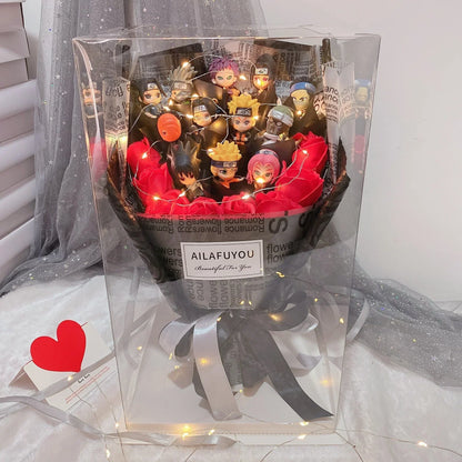 Naruto Anime Figure Bouquet with LED Fairy Lights, Naruto Mini Figurine Artificial Rose Gift Box, Handmade Character Flower Bouquet, Birthday Valentine Graduation Gift for Naruto Fans
