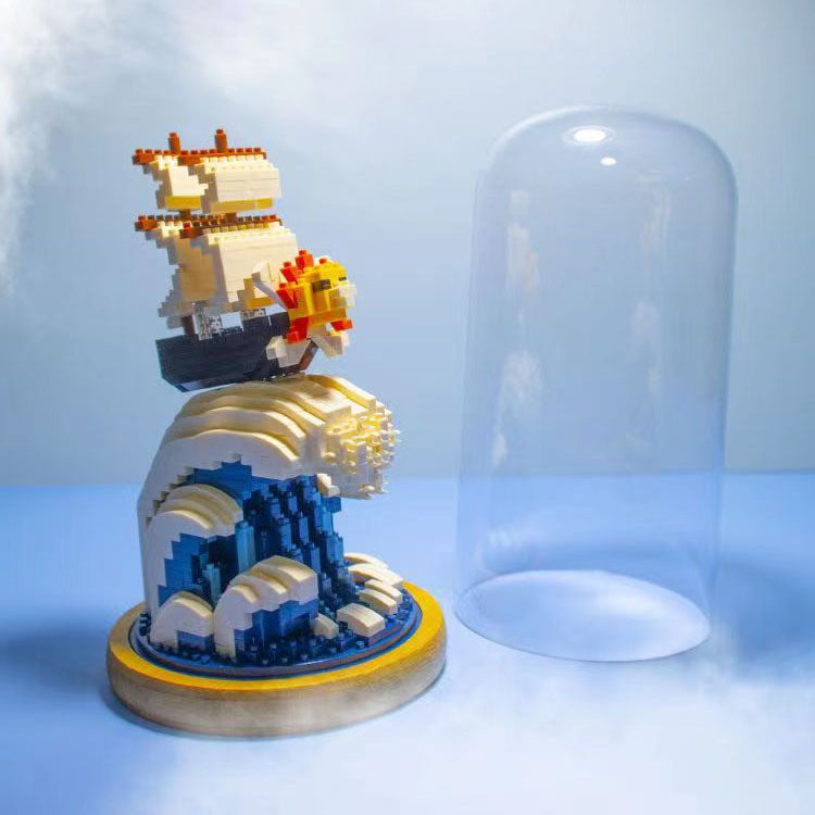 One Piece Thousand Sunny Micro Building Blocks Set, DIY Mini Brick Pirate Ship Model with Glass Dome & LED Light, Wave Scene Display Kit, Collectible Desk Decor Gift for One Piece Fans