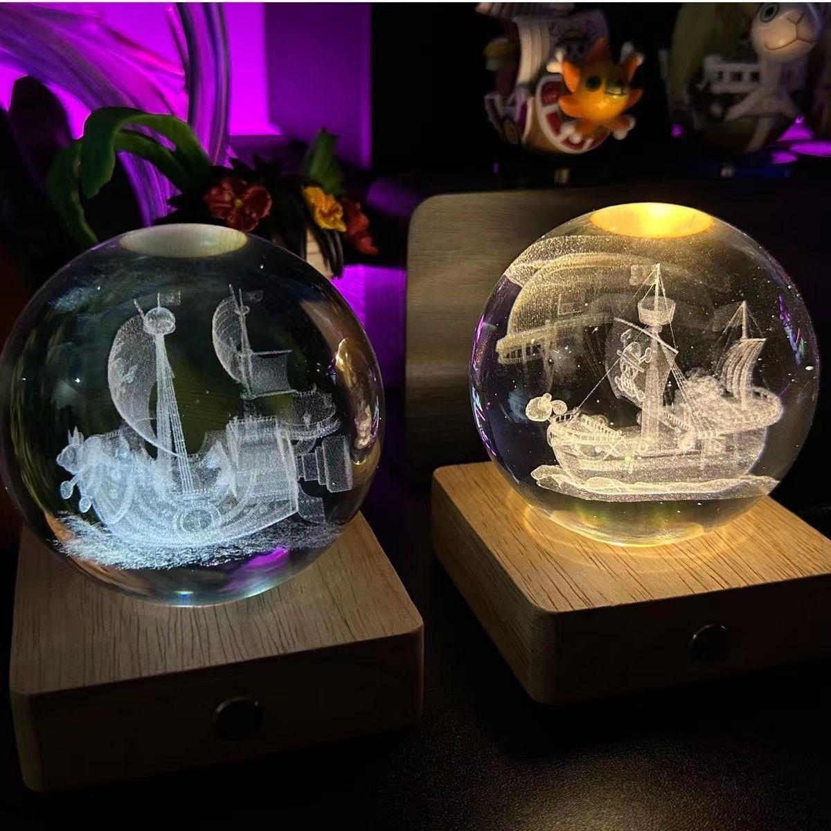 One Piece Thousand Sunny & Going Merry 3D Laser Engraved Crystal Ball Night Light, Anime Pirate Ship Crystal Sphere Lamp, USB Powered Wooden LED Base, Desk Decor Collectible Gift for One Piece Fans