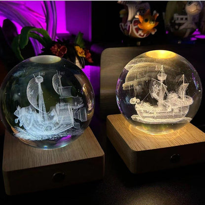 One Piece Thousand Sunny & Going Merry 3D Laser Engraved Crystal Ball Night Light, Anime Pirate Ship Crystal Sphere Lamp, USB Powered Wooden LED Base, Desk Decor Collectible Gift for One Piece Fans