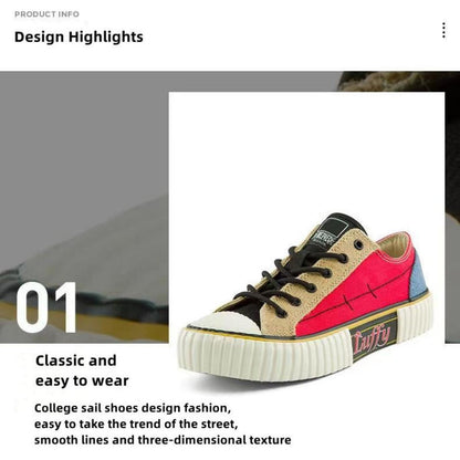 One Piece Luffy Patchwork Low Top Canvas Sneakers, Unisex Lace-Up Cookie Thick Sole Skate Shoes, Color Block Anime Casual Walking Footwear, One Piece Anime Streetwear Sneakers, Anime Fan Collectible Gift
