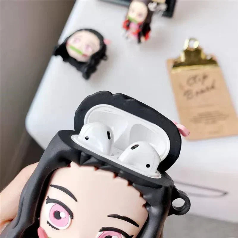 Demon Slayer Anime Airpods Case, Cute 3D Cartoon Silicone Protective Cover for AirPods 1/2, AirPods Pro 1/2, Tanjiro Nezuko Zenitsu Earphone Skin, Shockproof Earbud Case with Keychain, Anime Fan Gift