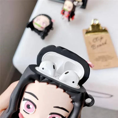 Demon Slayer Anime Airpods Case, Cute 3D Cartoon Silicone Protective Cover for AirPods 1/2, AirPods Pro 1/2, Tanjiro Nezuko Zenitsu Earphone Skin, Shockproof Earbud Case with Keychain, Anime Fan Gift