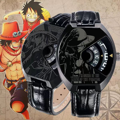 One Piece Luffy Wanted Poster Anime Wrist Watch for Men, Unique Rotating Dial Quartz Watch, Stainless Steel & Leather Strap, One Piece Skull Logo Analog Watch, Anime Cosplay Collectible Gift for One Piece Fans