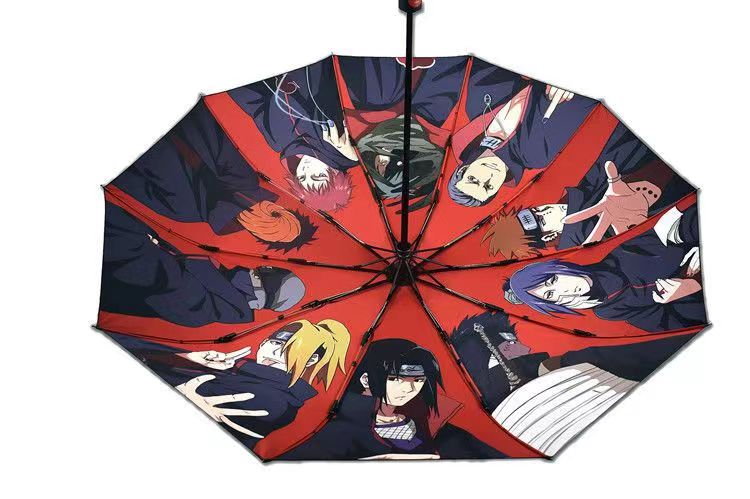 Naruto Anime Folding Umbrella, Akatsuki Red Cloud Pattern Windproof Rain Sun Umbrella, Anti-UV Portable Foldable Parasol, Cosplay Merch Gift for Naruto Fans