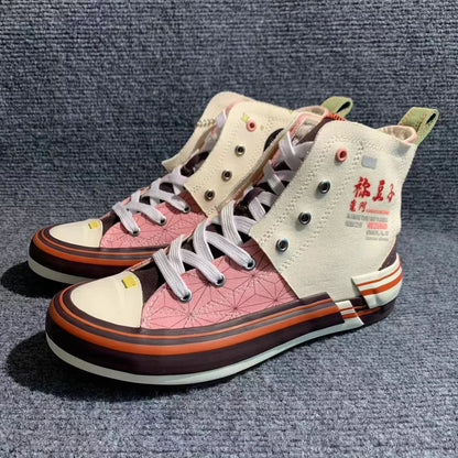 Demon Slayer Nezuko Kamado High Top Canvas Sneakers, Kimetsu No Yaiba Anime Pink Pattern Casual Shoes, Men Women Cosplay Streetwear Trainers, Demon Slayer Fan Collectible Footwear Gift