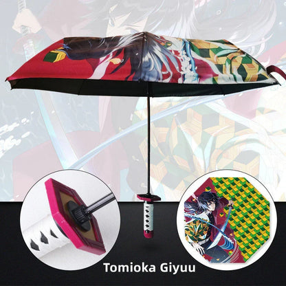 Demon Slayer Anime Katana Sword Umbrella, Nichirin Sword Shape Handle Folding Umbrella, Tanjiro Rengoku Shinobu Giyuu Printed Sun Rain Umbrella, Demon Slayer Merch Cosplay Gift for Anime Fans