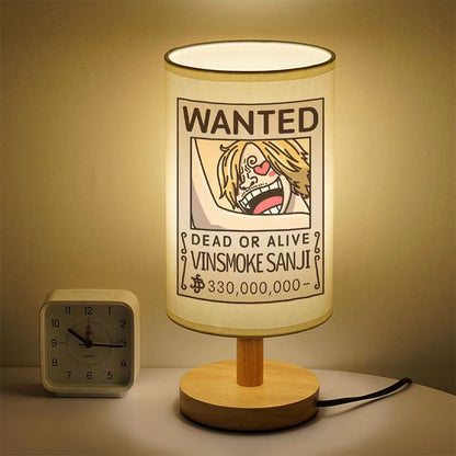 One Piece Wanted Poster Table Lamp, Anime Straw Hat Crew Wanted Print Night Light, Wooden Base Bedside Desk Lamp, Soft Warm Light Decor Lamp, Collectible Gift for One Piece Fans