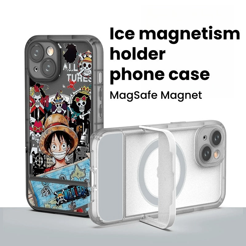 One Piece Luffy Anime Magnetic Phone Case with Built-in Foldable Kickstand, MagSafe Compatible Shockproof Protective Cover, Transparent Cartoon Luffy Print Phone Case, Anime Merch Gift for iPhone