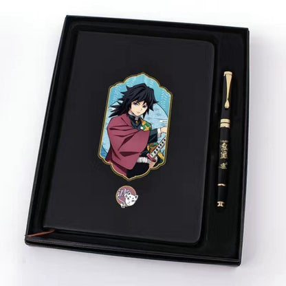 Demon Slayer Anime Notebook & Pen Gift Set, Tanjiro Nezuko Zenitsu Inosuke Character Journal with Metal Badge, Hardcover Writing Notebook Stationery Set, Anime Collectible Gift for Demon Slayer Fans