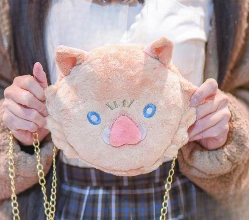 Demon Slayer Inosuke Hashibira Plush Crossbody Bag, Kimetsu No Yaiba Boar Mask Cute Plush Purse, Anime Character Chain Shoulder Bag, Small Zipper Coin Bag Collectible Gift for Demon Slayer Fans