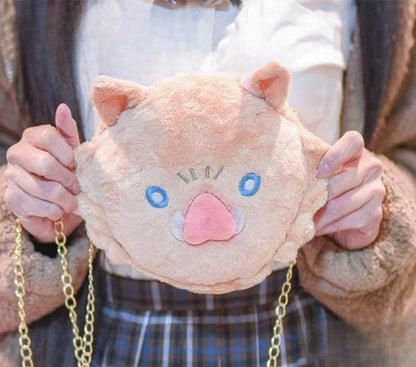 Demon Slayer Inosuke Hashibira Plush Crossbody Bag, Kimetsu No Yaiba Boar Mask Cute Plush Purse, Anime Character Chain Shoulder Bag, Small Zipper Coin Bag Collectible Gift for Demon Slayer Fans