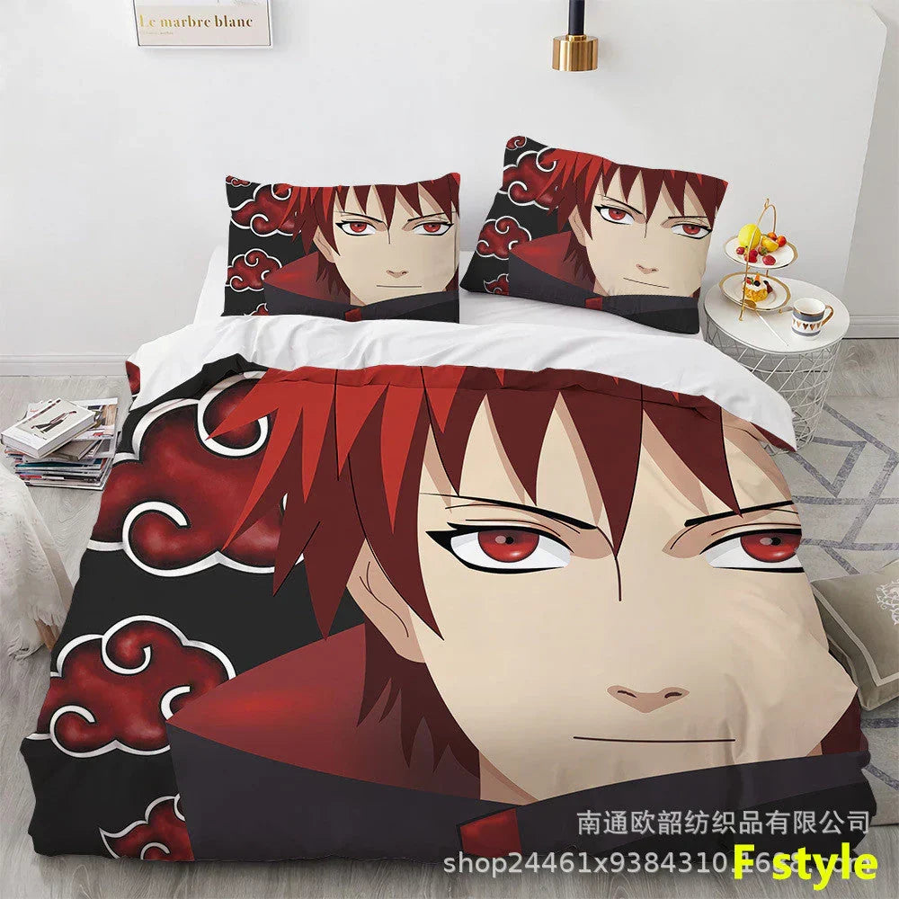 Naruto Anime Bedding Set, 3D Print Duvet Cover with Pillowcases, Akatsuki Red Cloud Comforter Cover Set, Soft Microfiber Bed Sheets, Bedroom Decor Gift for Naruto Fans