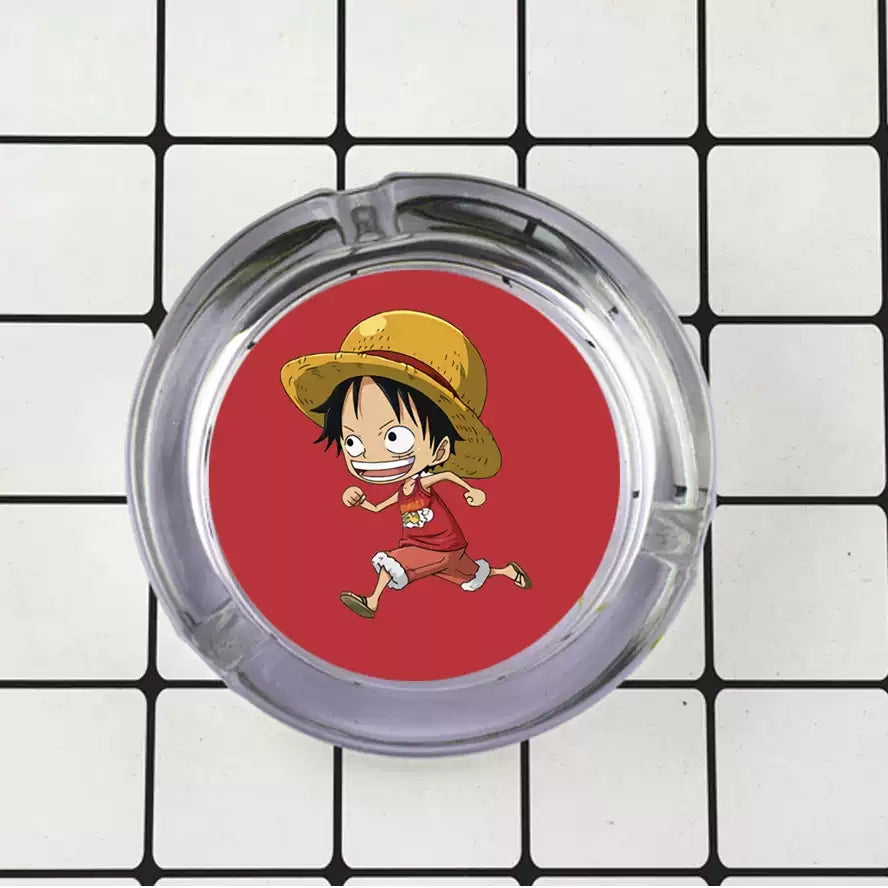 One Piece Anime Glass Ashtray, Luffy Zoro Ace Sanji Round Cigarette Ashtray, Portable Clear Glass Ash Tray with Character Print, Desktop Decor Collectible Gift for One Piece Fans