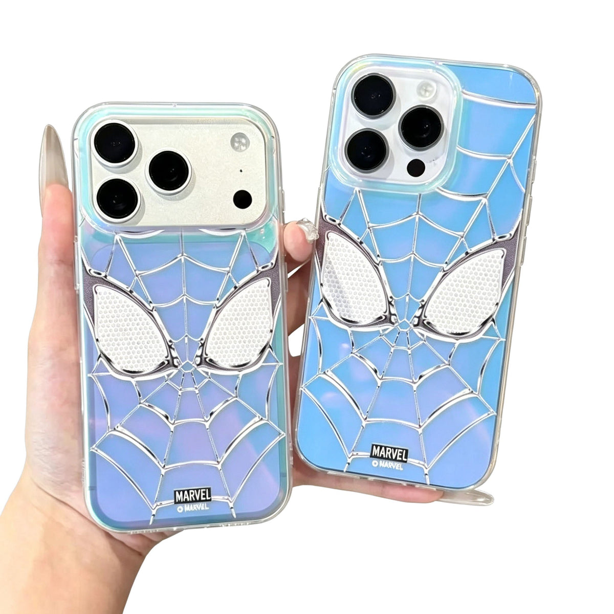 Marvel Spider-Man Holographic Iridescent Blue Purple Web Emboss Phone Case Premium TPU+PC Shockproof Slim Scratch Resistant Protective Cover Comfort Grip Fit For Full iPhone Series
