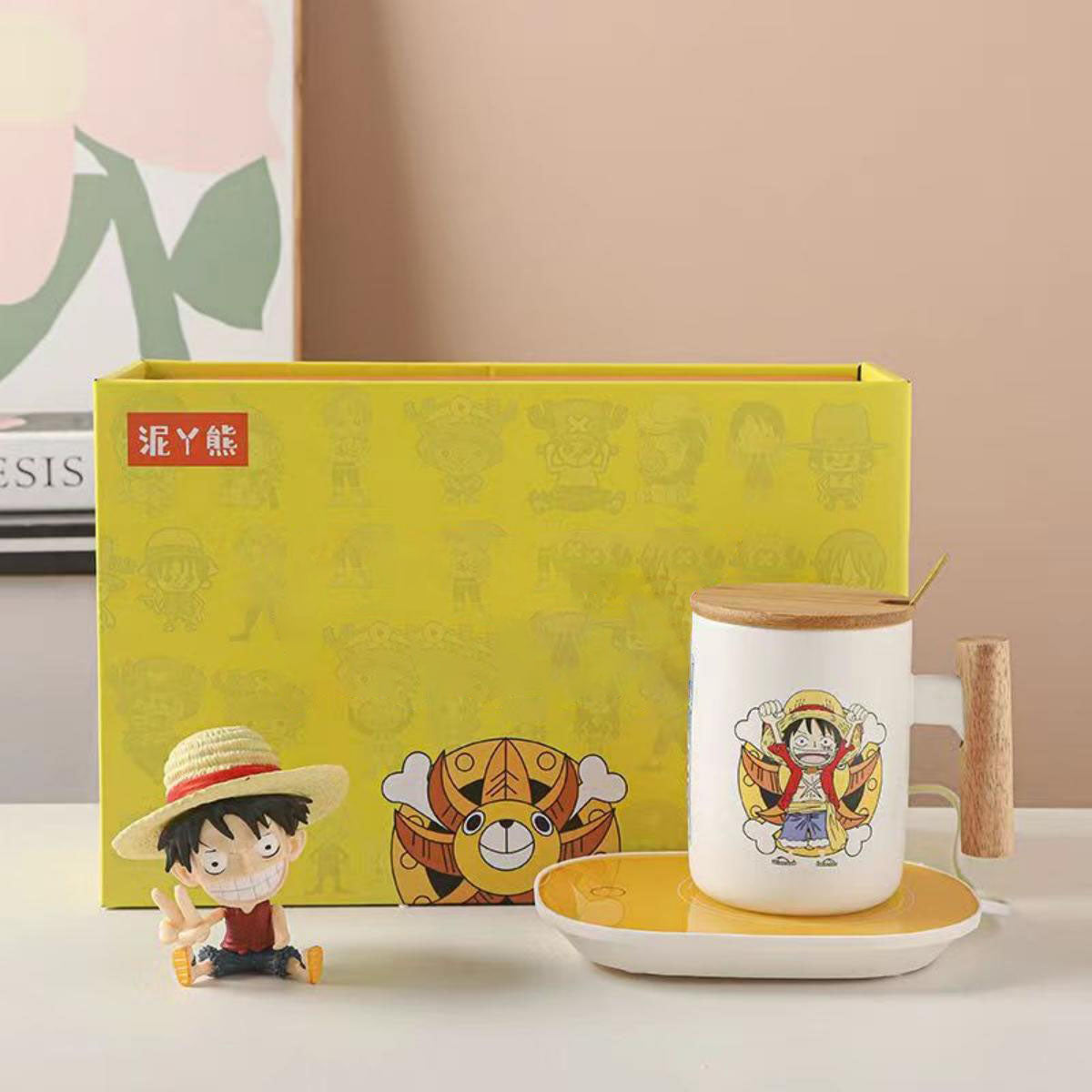 One Piece Anime Ceramic Mug with Wooden Handle, Luffy Chopper Zoro Cartoon Coffee Cup with Bamboo Lid & Spoon, Anime Water Cup Gift Set for One Piece Fans