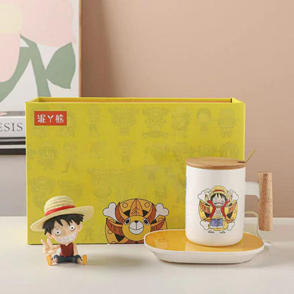 One Piece Anime Ceramic Mug with Wooden Handle, Luffy Chopper Zoro Cartoon Coffee Cup with Bamboo Lid & Spoon, Anime Water Cup Gift Set for One Piece Fans