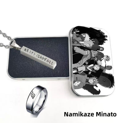 Naruto Uzumaki Anime Jewelry Set, Engraved Name Bar Pendant Necklace + Konoha Symbol Ring, Metal Collectible Gift Box, Anime Cosplay Accessory Gift Set for Naruto Fans