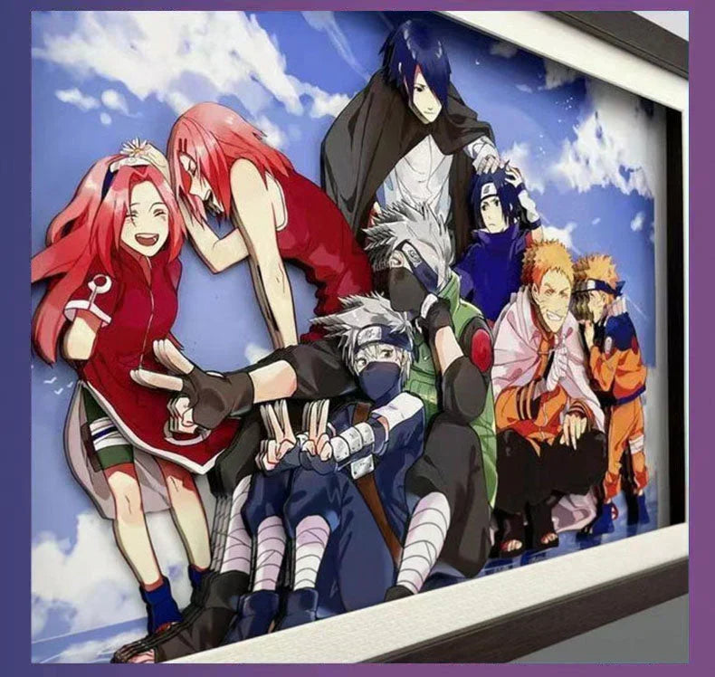 Naruto Anime 3D Paper Cut Shadow Box Framed Art, Handmade Layered Papercraft Wall Decor, Naruto Team 7 Character Painting Frame, Anime Fan Room Decor Gift