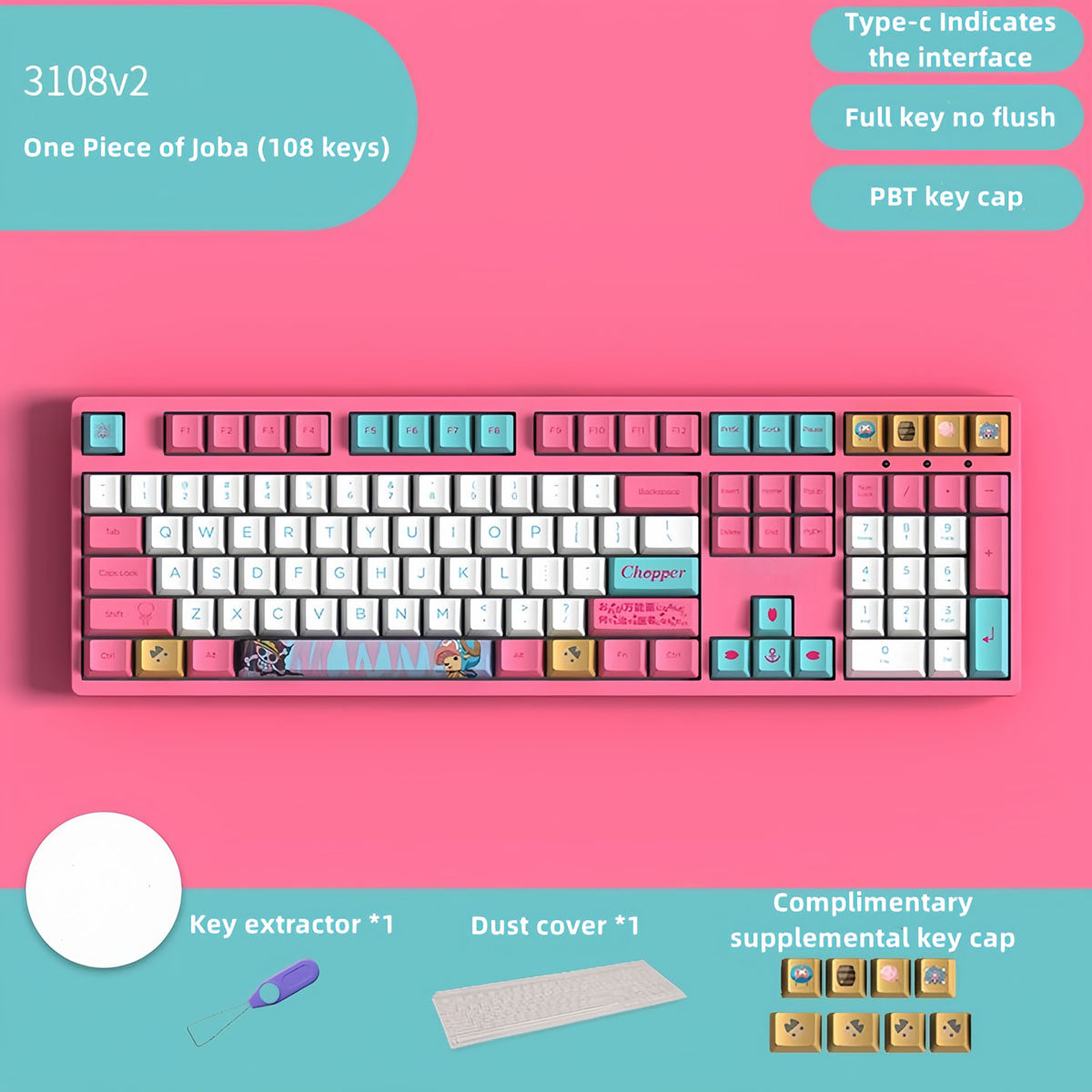 One Piece Chopper Mechanical Keyboard, Pink Anime Themed 104 Keys Full Size Wired Gaming Keyboard, PBT Custom Anime Keycaps Mechanical Keyboard for PC Laptop Desktop Gamers One Piece Fans