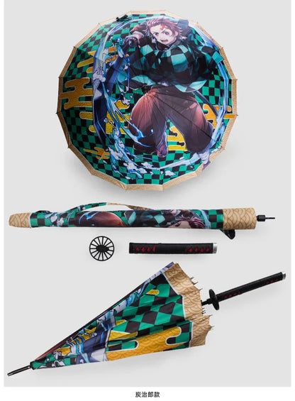 Demon Slayer Anime Katana Sword Umbrella, Nichirin Sword Shape Long Handle Umbrella, Tanjiro Zenitsu Rengoku Printed Sun Rain Stick Umbrella with Shoulder Strap, Demon Slayer Cosplay Merch Gift for Anime Fans