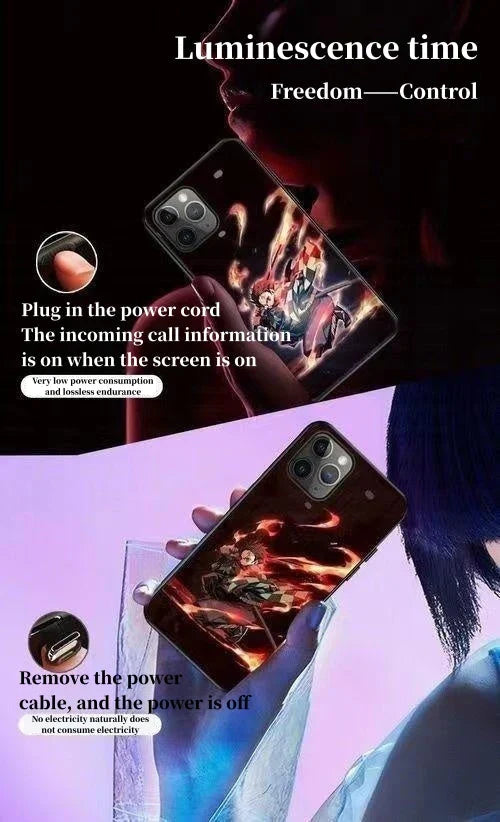 Demon Slayer LED Light Up Phone Case, Anime Tanjiro Shinobu Luminous Tempered Glass Back Cover, Flash Light Glowing Case for iPhone, Shockproof Protective Anime Phone Shell