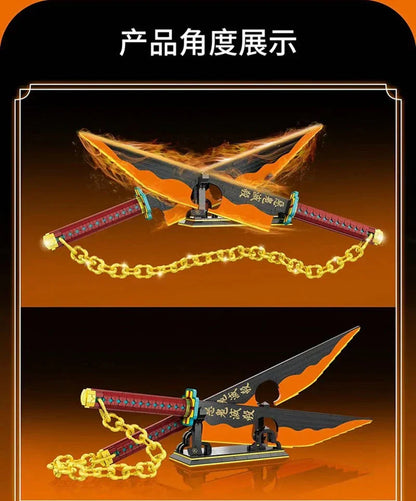 Demon Slayer Tengen Uzui Nichirin Sword Building Blocks Set, 1478Pcs Anime Double Blade Sword Model with Display Stand & Golden Chain, Interlocking Bricks Weapon Assembly Kit, Desktop Display Collectible Gift for Demon Slayer Fans