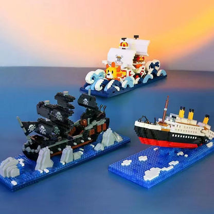 One Piece Thousand Sunny Ship in Bottle Micro Building Blocks Set, LED Light Mini Bricks Model with Display Bottle & Wood Stand, DIY Assembly Toy, Desktop Decor, Collectible Gift for Anime Fans