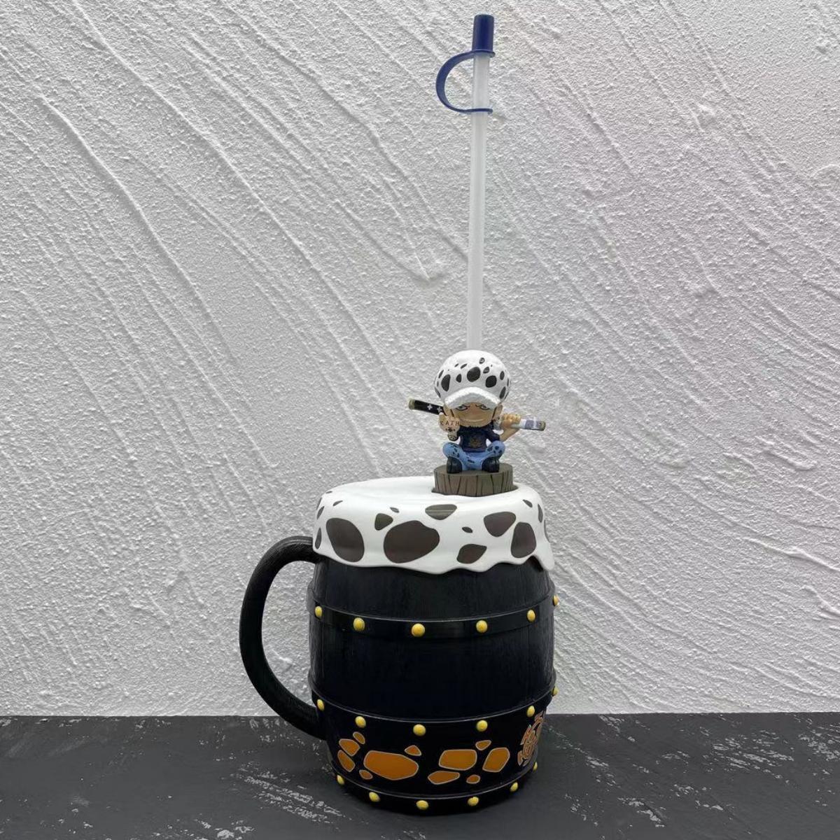 One Piece Barrel Shaped Straw Cup with 3D Character Figure Topper, Anime Pirate Barrel Water Mug, Reusable Plastic Drink Bottle with Straw, Collectible Gift for One Piece Anime Fans