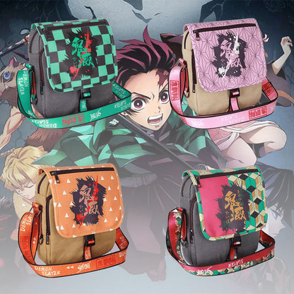 Demon Slayer Anime Crossbody Bag, Tanjiro Nezuko Zenitsu Printed Canvas Messenger Shoulder Bag, Demon Slayer Small Sling Bag, Anime Merch Crossbody Purse Gift for Demon Slayer Fans
