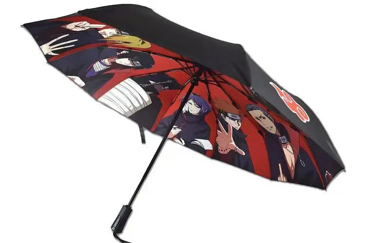 Naruto Anime Folding Umbrella, Akatsuki Red Cloud Pattern Windproof Rain Sun Umbrella, Anti-UV Portable Foldable Parasol, Cosplay Merch Gift for Naruto Fans
