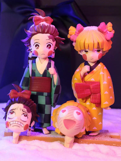 Demon Slayer Kimetsu no Yaiba Anime Figure, Tanjiro Zenitsu Inosuke Kimono Version Figurine with Extra Interchangeable Face, Cute Demon Slayer Collectible Statue, Desk Decor Anime Gift for Fans