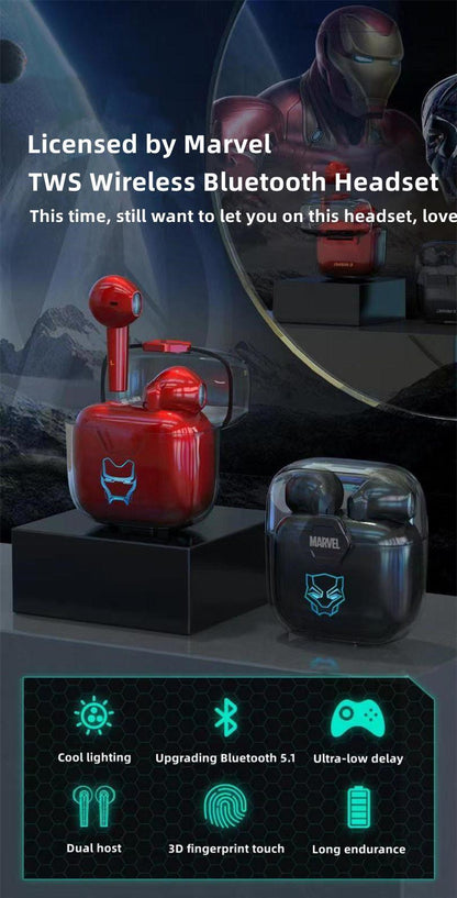 Marvel TWS True Wireless Bluetooth Earbuds, Iron Man Black Panther Semi In-ear Earphones, Transparent Charging Case Marvel Stereo Headphones, Portable Marvel Collectible Earbuds, Gift for Marvel Superhero Fans