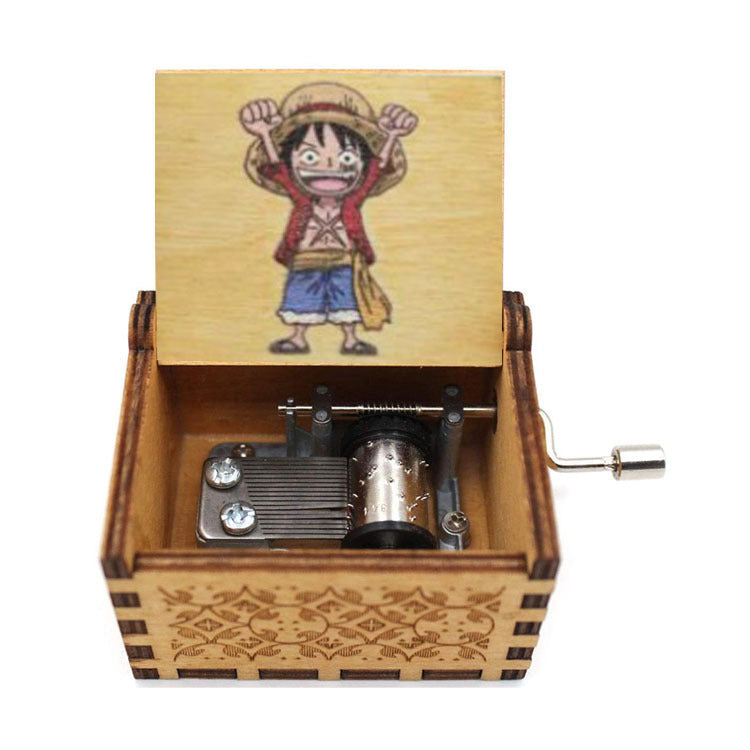 One Piece Anime Hand Crank Wooden Music Box, Straw Hat Pirates Luffy Crew Print Lid Engraved Musical Box, Classic Anime Theme Song, Manual Hand Crank No Battery, Anime Collectible Desk Decor Gift for Fans