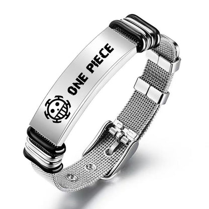 One Piece Monkey D. Luffy Roronoa Zoro Engraved Stainless Steel Mesh Bracelet Adjustable Wristband Anime Wanted Poster Jewelry Gift For Anime Fans