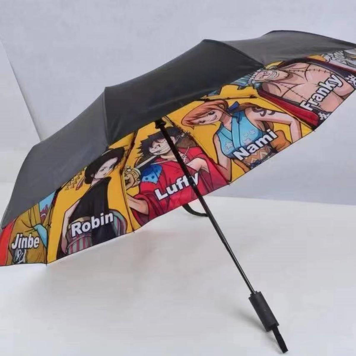 One Piece Anime Folding Umbrella, Luffy Zoro Nami Chopper Crew Print Auto Open Close Compact Travel Umbrella, UV Protection Rainproof Portable Windproof Umbrella Gift for One Piece Anime Fans